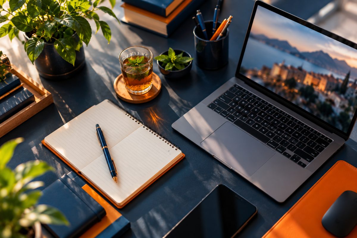 Desk with a notebook, laptop, mint tea and plants