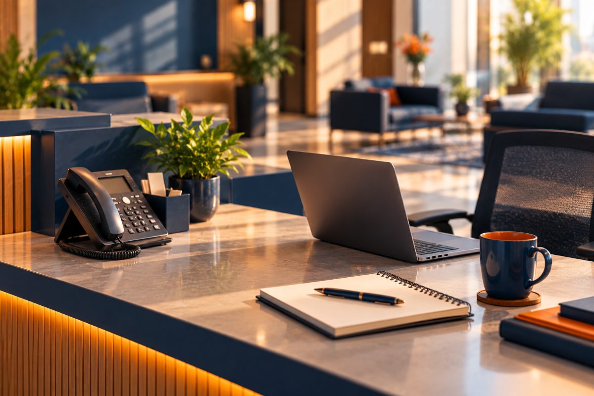 Reception desk with a landline phone, notepad, cup and laptop