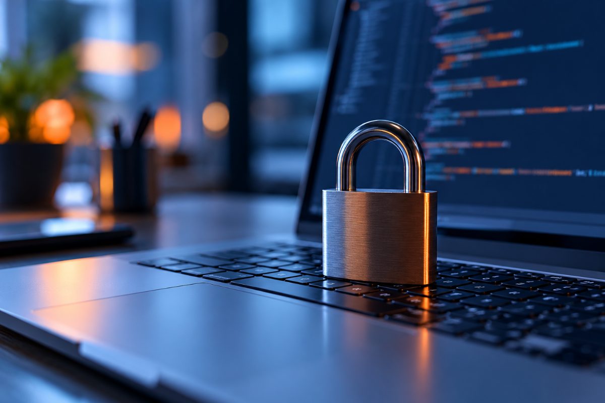 Metal padlock on a laptop keyboard, in front of a code screen