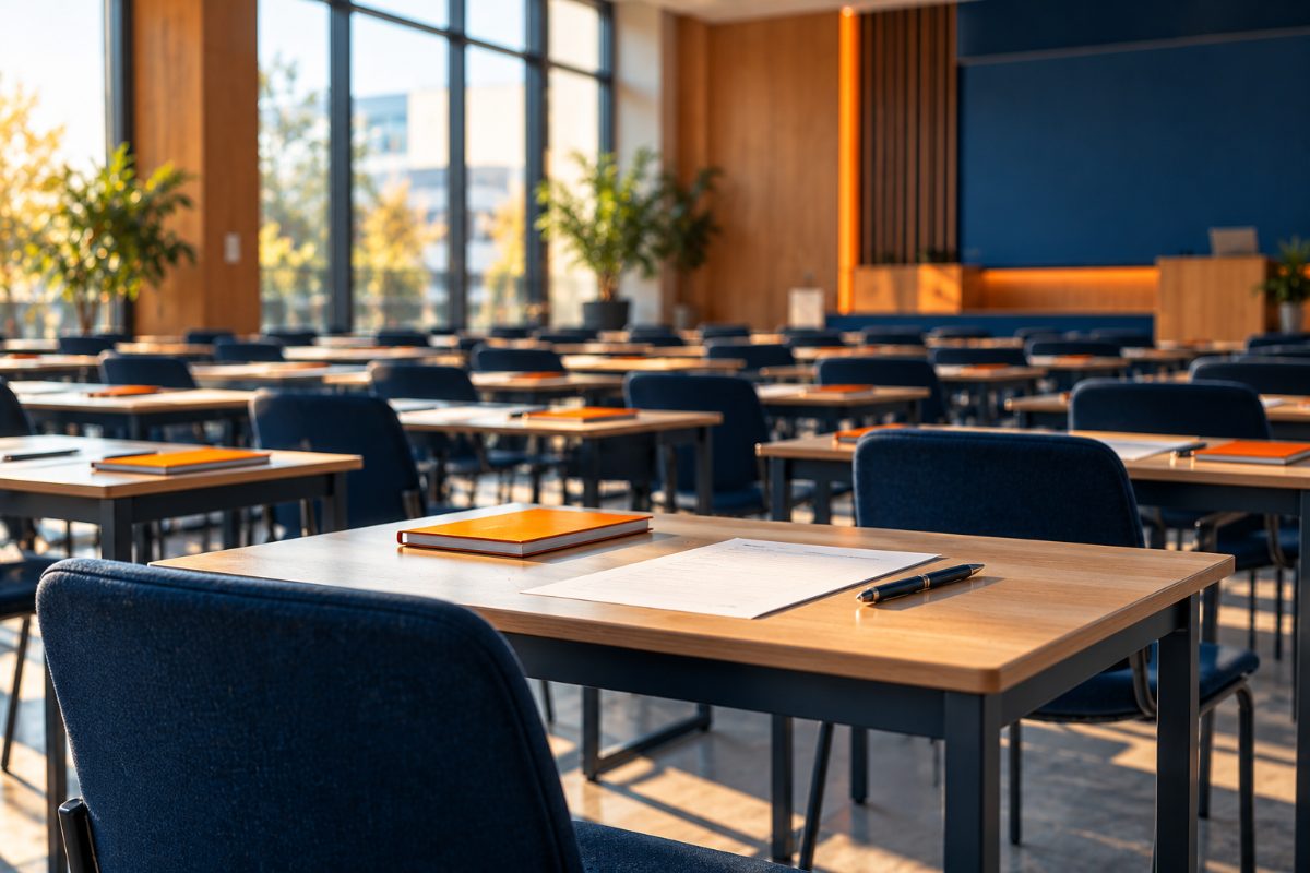 Salle d'examen vide avec des tables alignées, pour les concours et la formation