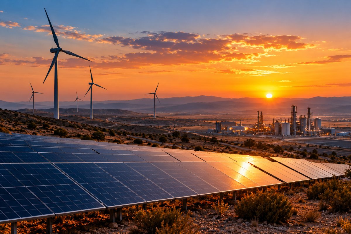 Éoliennes et panneaux solaires dans un paysage semi-aride au coucher du soleil, avec une installation industrielle au loin