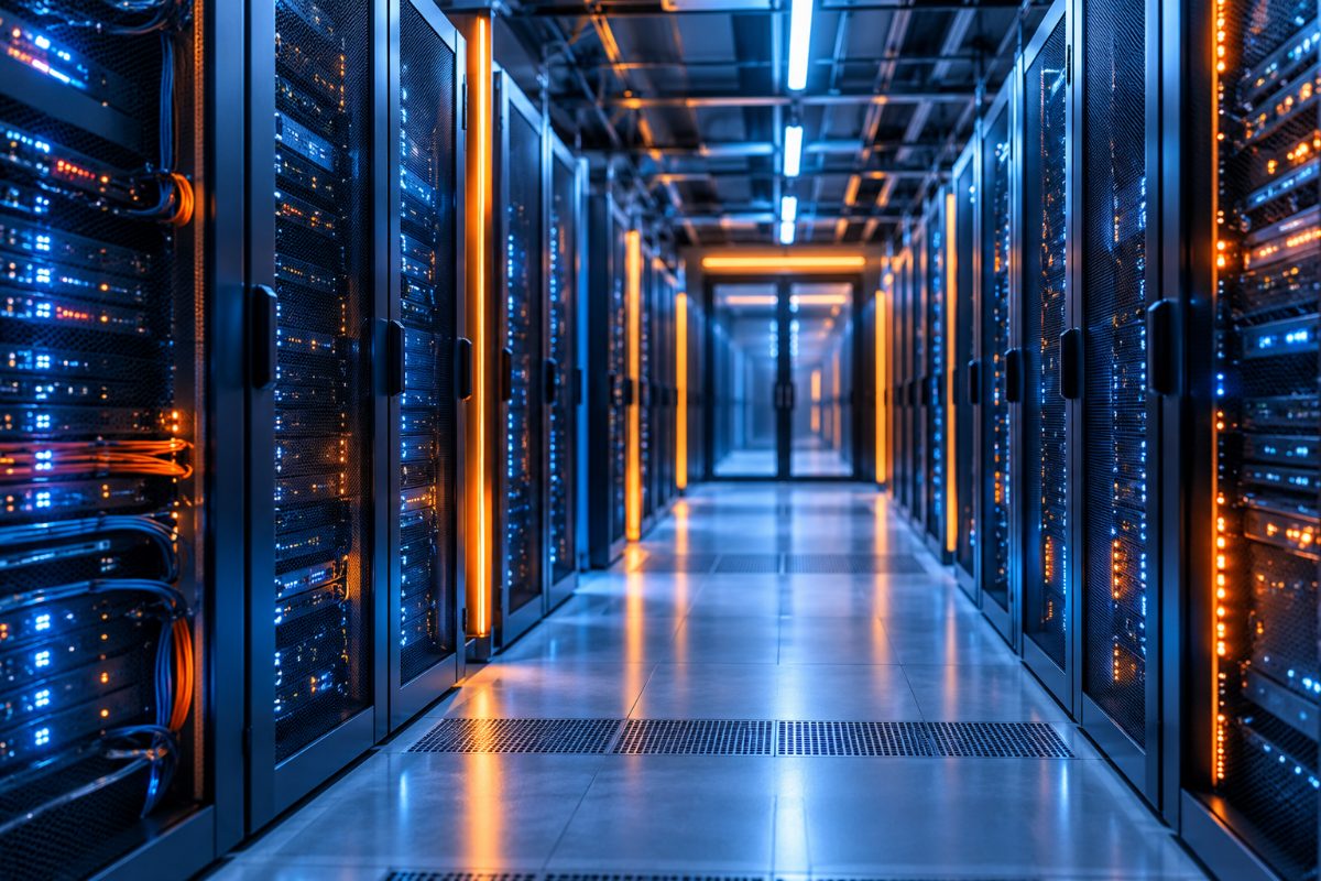 Allée centrale d'une salle de serveurs moderne éclairée en bleu