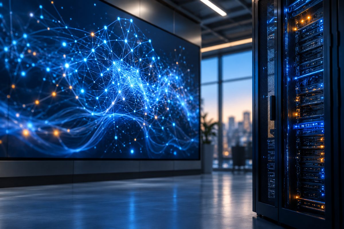 Technical room with a server and a large screen showing a glowing neural network
