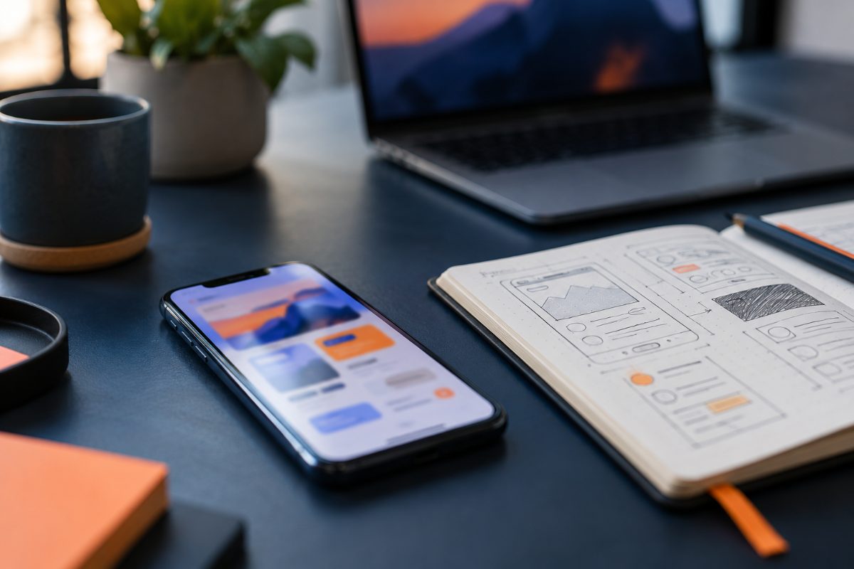 Smartphone showing an app interface, next to a wireframe notebook