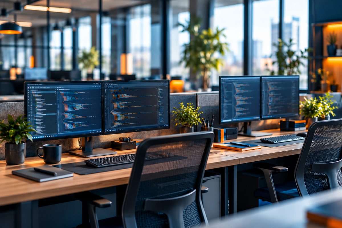 Two developer workstations with dual code screens in a modern open space
