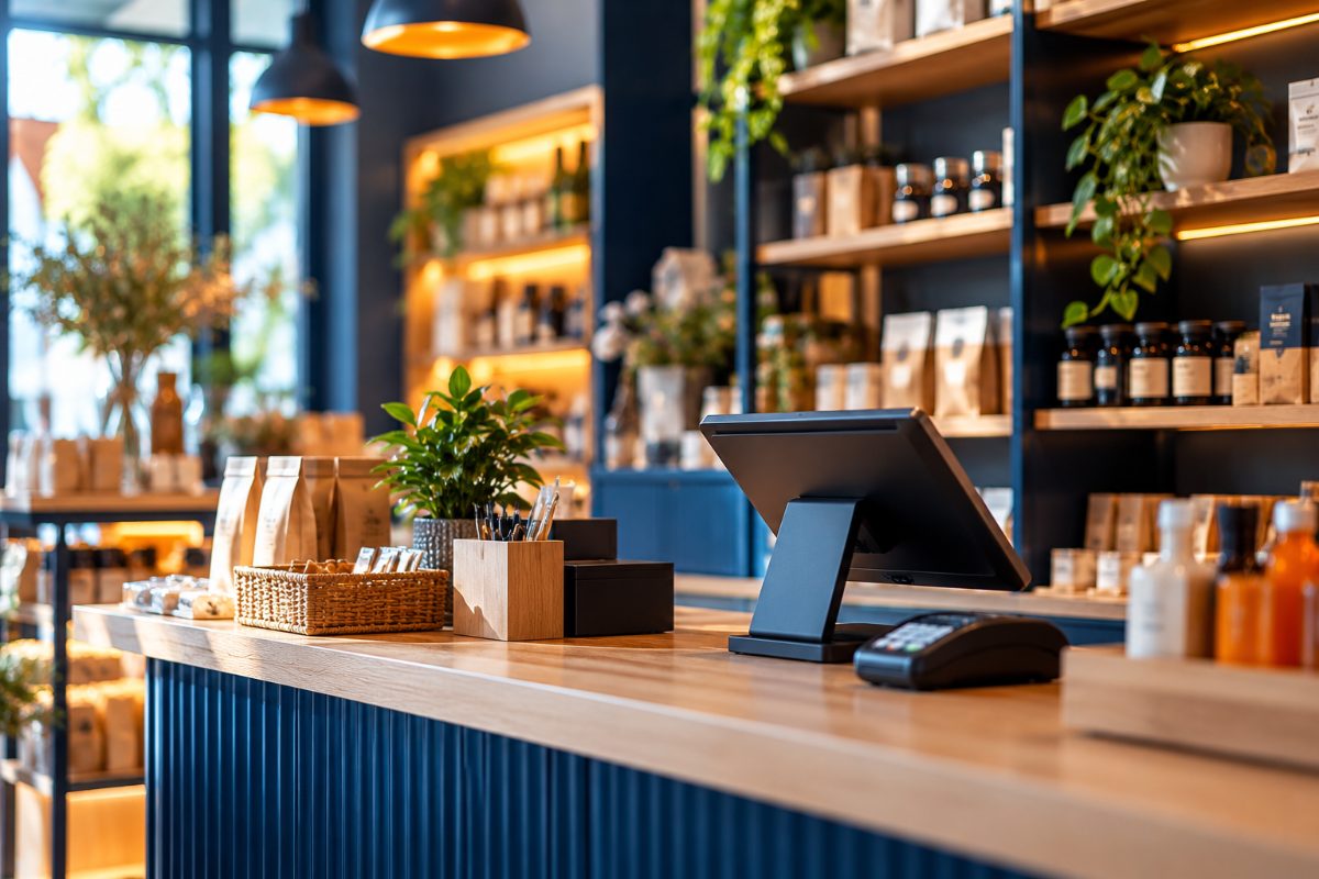 Comptoir d'une petite boutique avec une tablette de caisse et des produits rangés sur des étagères