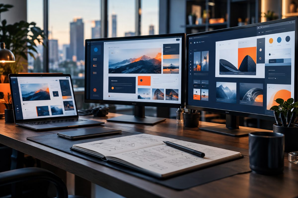 Several computer screens showing web page mockups, with a sketchbook on a desk