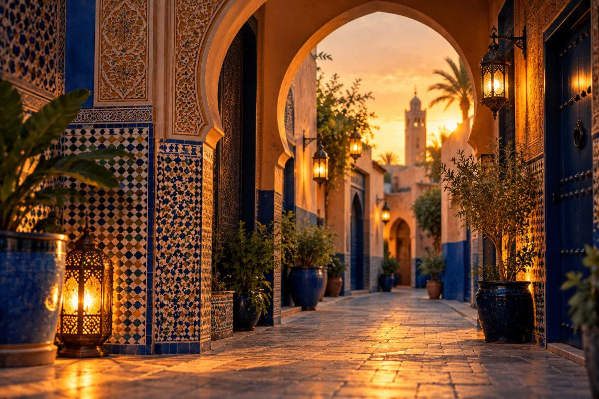 Ruelle d'une médina marocaine avec un arc en fer à cheval, des zelliges et des lanternes