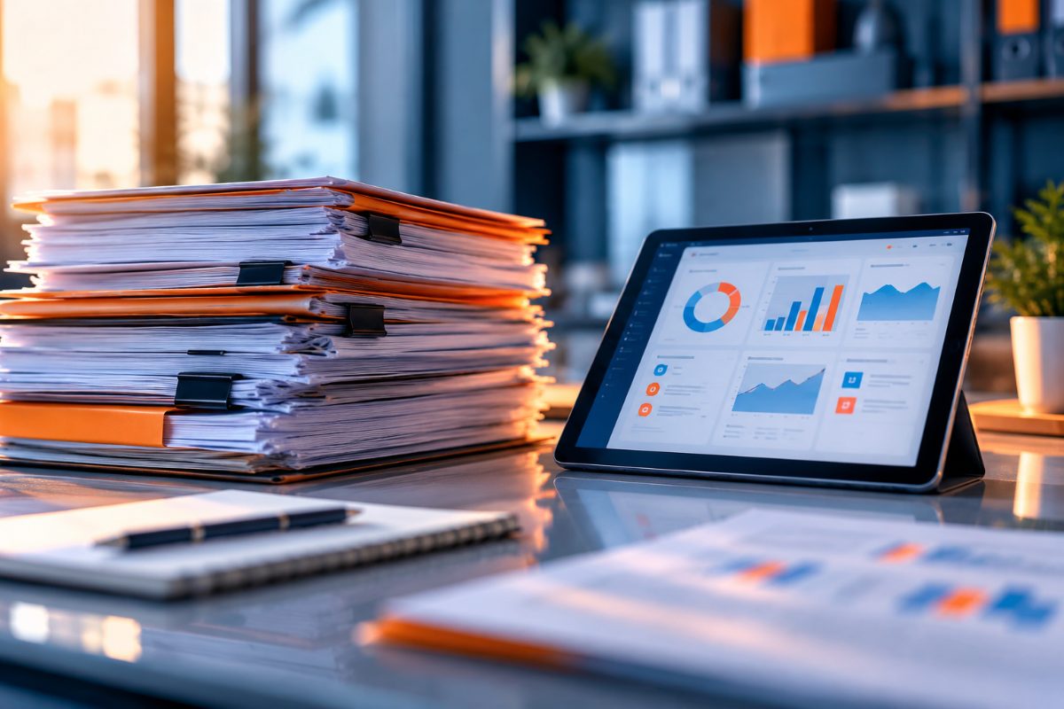 Stack of paper files next to a tablet showing a dashboard, for dematerialization